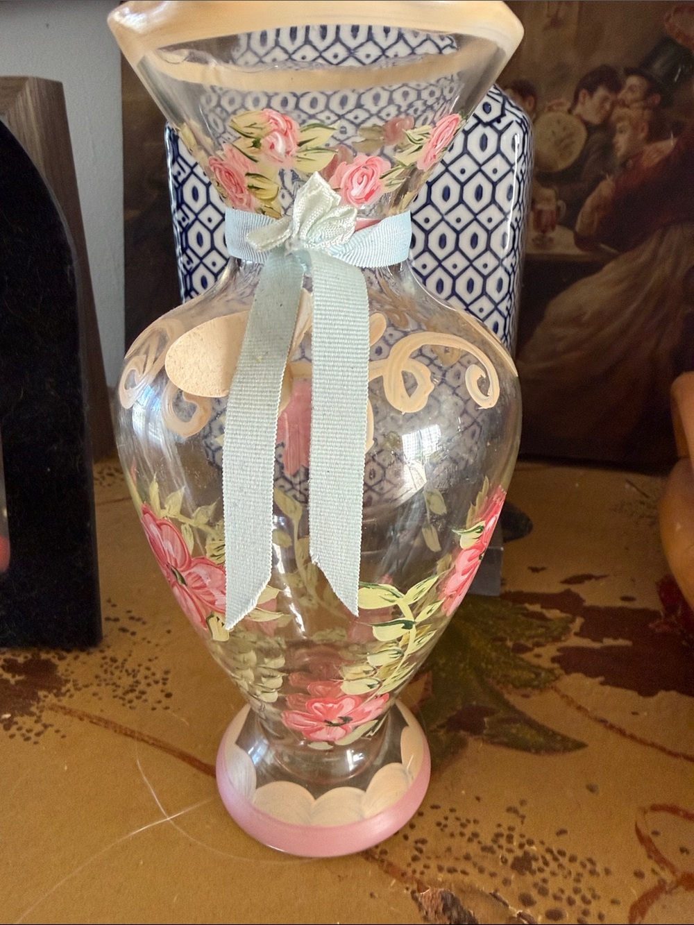 Tracy Porter Clear Glass Vase with Pink Floral Motif and Pale Blue Ribbon